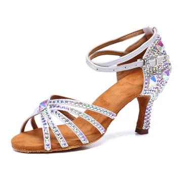 Sexy Charming White Rhinestone Latin Dance Shoes 2020 Ankle Strap 8 Cm Stiletto Heels Open Peep Toe Dancing Sandals