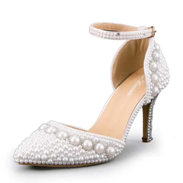 Charmant Ivoire Perle Chaussure De Mariée 2020 Bride Cheville 8 cm Talons Aiguilles À Bout Pointu Mariage Talons