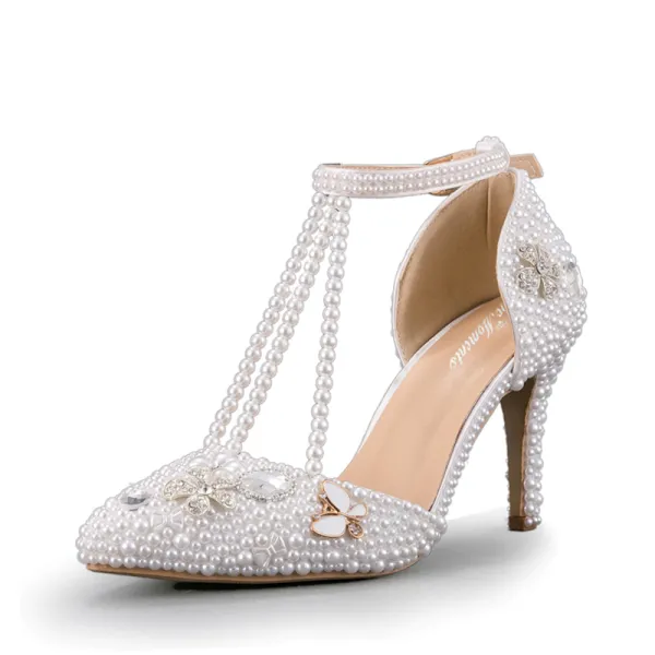 Sexy Ivory Wedding Shoes 2020 Wedding Pearl T-Strap 8 cm Stiletto Heels ...