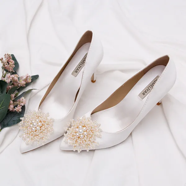 Élégant Blanche Perle Chaussure De Mariée 2020 Cuir 7 cm Talons Aiguilles À Bout Pointu Mariage Escarpins