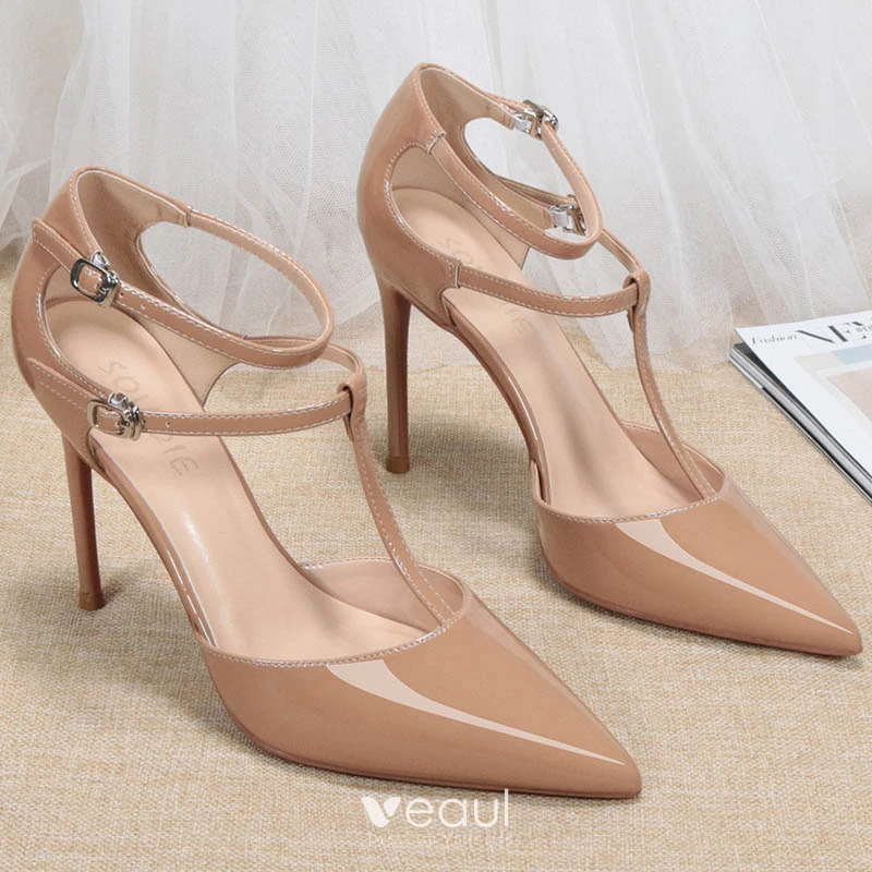 Chic Beautiful Nude Street Wear Patent Leather Womens Sandals 2020 T Strap 10 cm Stiletto Heels Pointed Toe Sandals