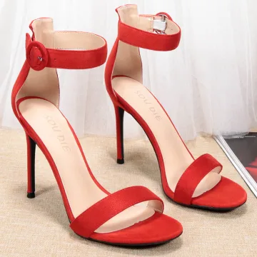 Eenvoudige Rode Avond Suede Sandalen Dames 2020 Enkelband 10 Cm Naaldhakken Stiletto Peep Toe Sandalen