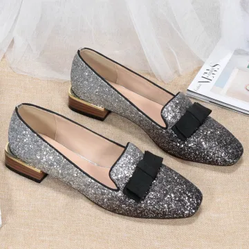 Fashion Silver Black Street Wear Sequins Pumps 2020 Bow 3 Cm Thick Heels Low Heel Pointed Toe Pumps