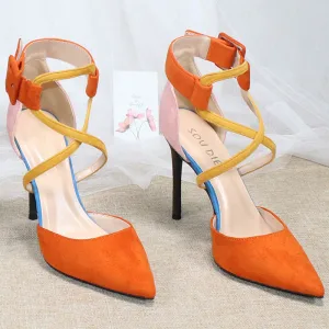 Chic Beautiful Orange Street Wear Suede Womens Sandals 2020 X Strap 10 Cm Stiletto Heels Pointed Toe Sandals