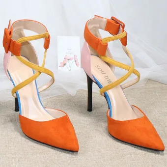 Chic Beautiful Orange Street Wear Suede Womens Sandals 2020 X Strap 10 Cm Stiletto Heels Pointed Toe Sandals