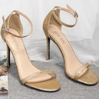 Sexy Gold Evening Party Sequins Womens Shoes 2020 Ankle Strap 10 Cm Stiletto Heels Open Peep Toe Sandals