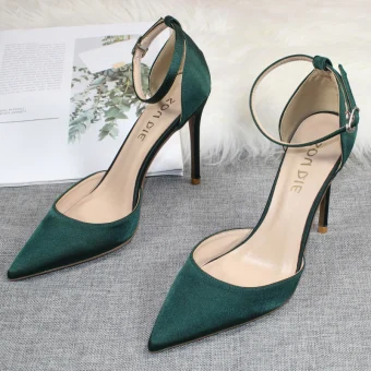 Chic Belle Vert Foncé Satin Promo Sandales Femme 2020 Bride Cheville 10 Cm Talons Aiguilles À Bout Pointu Sandales