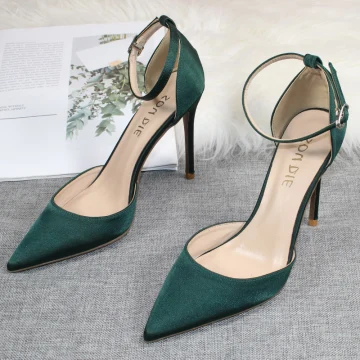 Mooie Prachtige Donkergroen Satijn Gala Sandalen Dames 2020 Enkelband 10 Cm Naaldhakken Stiletto Spitse Neus Sandalen