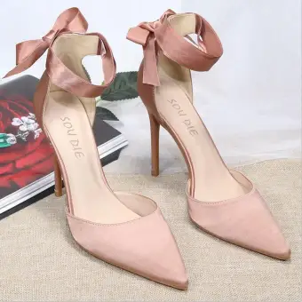 Chic Belle Nues Satin Promo Sandales Femme 2020 Noeud Bride Cheville 10 Cm Talons Aiguilles À Bout Pointu Sandales