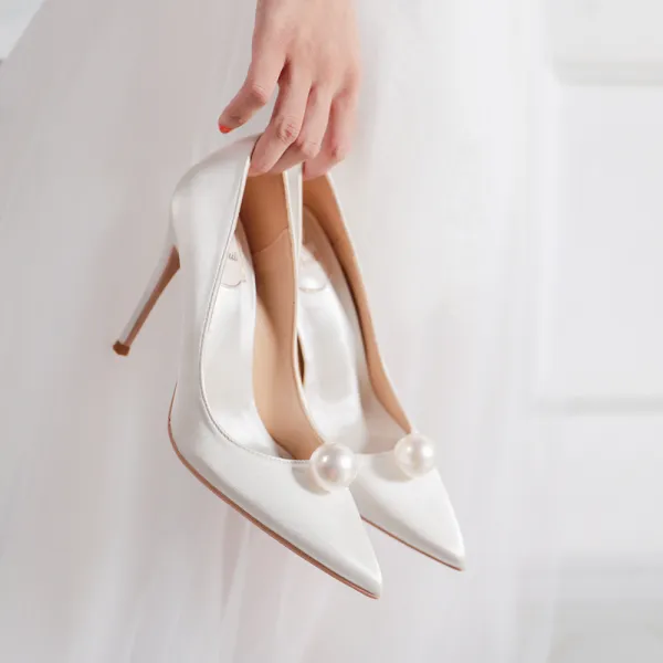 Classy Ivory Pearl Wedding Shoes 2020 Leather 10 cm Stiletto Heels Pointed Toe Wedding Pumps