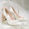 Elegant Ivory Satin Wedding Shoes 2020 Pearl Lace Flower 10 cm Stiletto Heels Pointed Toe Wedding Pumps