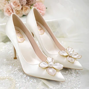 Elegant Ivory Pearl Flower Wedding Shoes 2020 Satin 10 Cm Stiletto Heels Pointed Toe Wedding Pumps