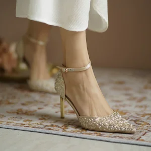 Charming Gold Pearl Rhinestone Wedding Shoes 2020 Leather Ankle Strap 7 Cm Stiletto Heels Pointed Toe Wedding Heels