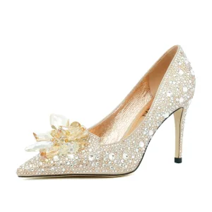 Charmant Champagne Kristal Bruidsschoenen 2020 Leer Rhinestone 8 Cm Naaldhakken Stiletto Spitse Neus Huwelijk Pumps