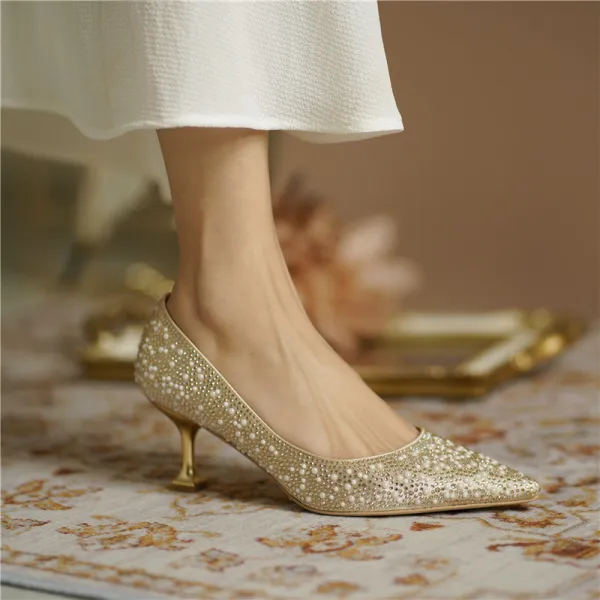 Glittrande Guld Pärla Rhinestone Brudskor 2020 Läder 6 cm Stilettklackar Spetsiga Bröllop Pumps