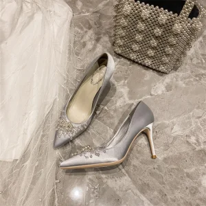Elegante Grijs Gala Satijn Pumps 2020 Parel 10 Cm Naaldhakken Stiletto Spitse Neus Pumps