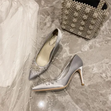 Eleganta Grå Bal Satin Pumps 2020 Pärla 10 Cm Stilettklackar Spetsiga Pumps