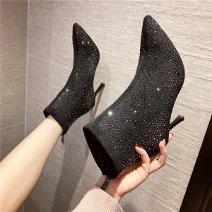 Fashion Black Street Wear Rhinestone Womens Boots 2020 8 Cm Stiletto Heels Pointed Toe Boots
