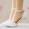 Modern / Fashion White Wedding Shoes 2018 Ankle Strap Pearl Bow 9 cm Stiletto Heels Pointed Toe Wedding Pumps