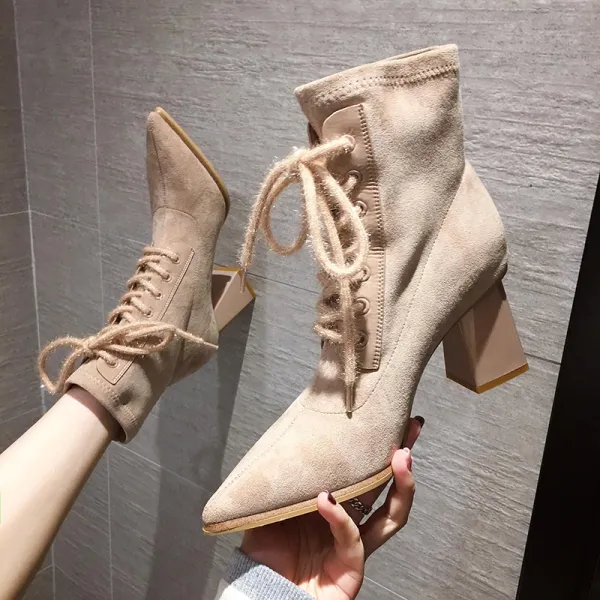 Fashion Beige Street Wear Suede Womens Boots 2020 Ankle 7 cm Thick Heels Pointed Toe Boots