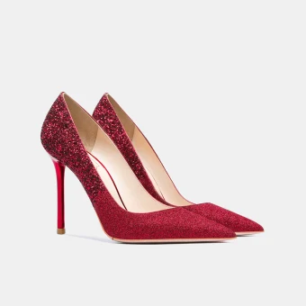 Charmant Rouge Mariage Cuir Paillettes Chaussure De Mariée 2021 10 Cm Talons Aiguilles À Bout Pointu Escarpins