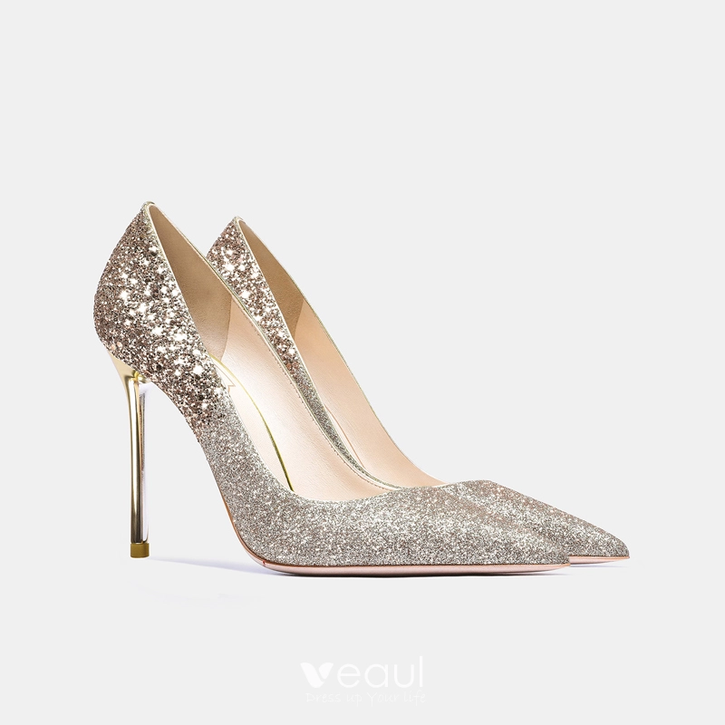 Sparkly Champagne Gold Glitter Sequins Evening Party Pumps 2021