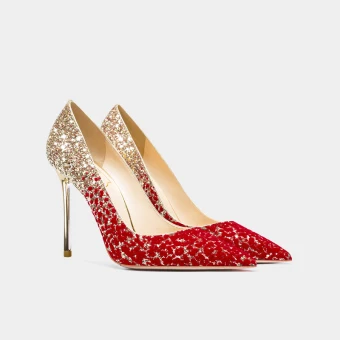 Sparkly Chic Beautiful Gold Red Sequins Wedding Shoes 2021 Leather 10 Cm Stiletto Heels Pointed Toe Wedding Pumps
