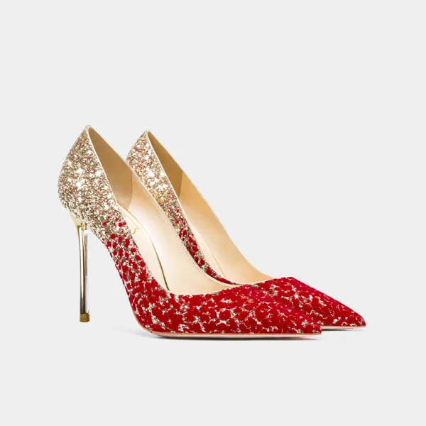 Sparkly Chic / Beautiful Gold Red Sequins Wedding Shoes 2021 Leather 10 cm Stiletto Heels Pointed Toe Wedding Pumps
