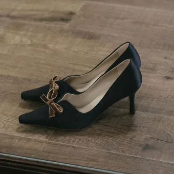 Vintage Originale Noire Promo Daim Escarpins 2021 Noeud Cuir 7 Cm Talons Aiguilles À Bout Pointu Escarpins