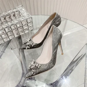 Charming Grey Glitter Sequins Rhinestone Butterfly Wedding Shoes 2021 10 Cm Stiletto Heels Pointed Toe Wedding Pumps
