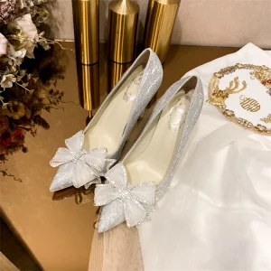 Charming Silver Rhinestone Bow Wedding Shoes 2021 Leather 10 Cm Stiletto Heels Pointed Toe Wedding Pumps