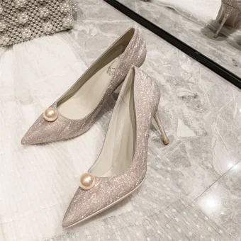 Scintillantes Champagne Perle Paillettes Chaussure De Mariée 2021 Cuir 10 Cm Talons Aiguilles À Bout Pointu Mariage Escarpins