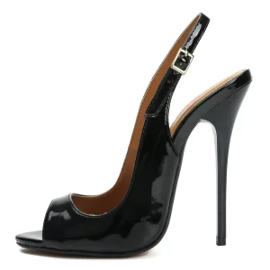 Sexy Noire Cocktail Cuir Verni Sandales Femme 2021 Slingbacks 13 Cm Talons Aiguilles Peep Toes Bout Ouvert Sandales
