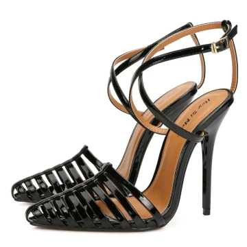 Sexy Negro Rave Club Charol Sandalias De Mujer 2021 X Correa 12 Cm Stilettos Tacones De Aguja Punta Estrecha Sandalias