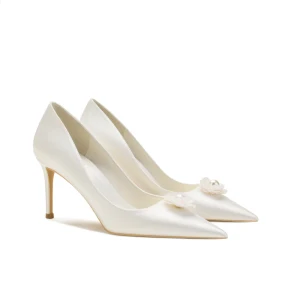 Élégant Ivoire Satin Chaussure De Mariée 2021 Perle Fleur 8 Cm Talons Aiguilles À Bout Pointu Mariage Escarpins