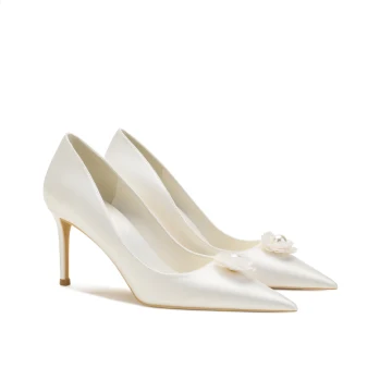Elegant Ivory Satin Wedding Shoes 2021 Pearl Flower 8 Cm Stiletto Heels Pointed Toe Wedding Pumps
