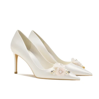 Eleganta Satin Elfenben Pärla Rhinestone Brudskor 2021 8 Cm Stilettklackar Spetsiga Bröllop Pumps