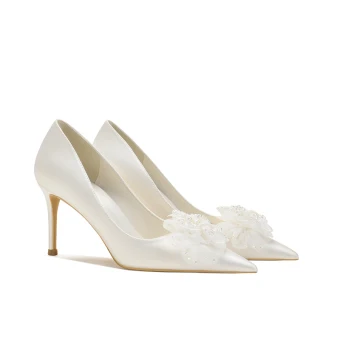 Stilig Elfenben Satin Brudskor 2021 Blomma 8 Cm Stilettklackar Spetsiga Bröllop Pumps