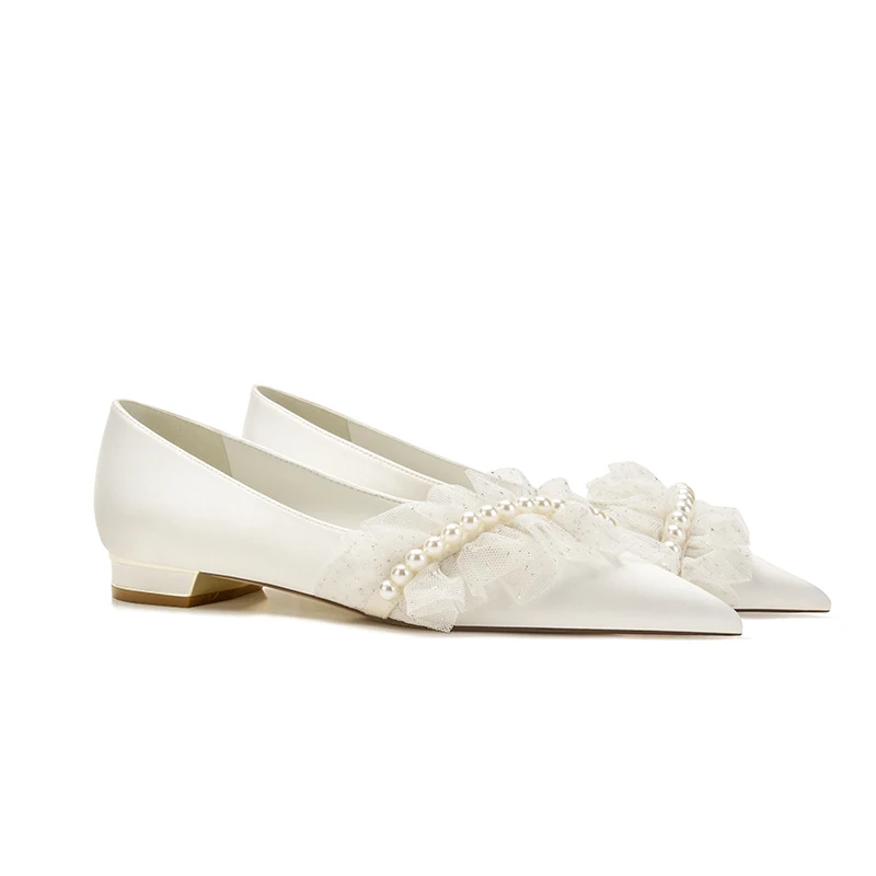 Classy Ivory Pearl Satin Flat Wedding Shoes 2021 Pointed Toe Wedding Pumps