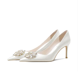 Classy Satin Ivory Rhinestone Wedding Shoes 2021 8 Cm Stiletto Heels Pointed Toe Wedding Pumps
