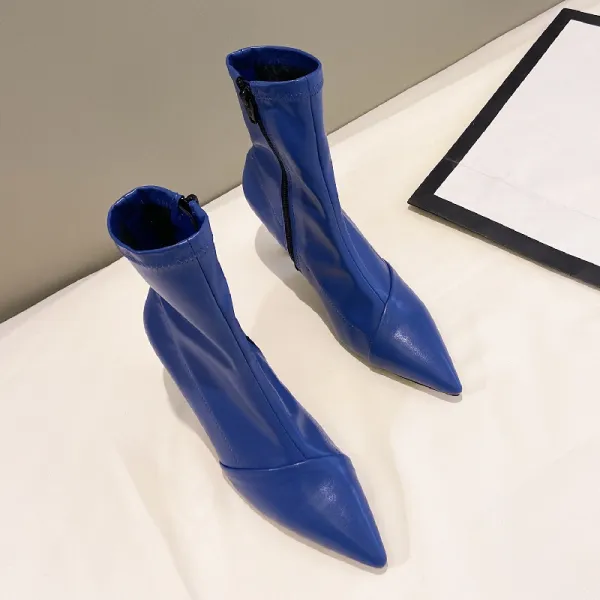 Fashion Street Wear Royal Blue Ankle Womens Boots 2021 7 cm Stiletto Heels Pointed Toe Boots