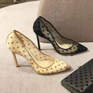 Chic Belle Noire Été Désinvolte Escarpins 2018 Cuir Tachetée 10 Cm Talons Aiguilles À Bout Pointu Escarpins