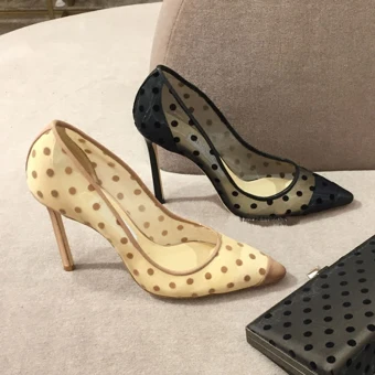 Chic Beautiful Black Summer Casual Pumps 2018 Leather Spotted 10 Cm Stiletto Heels Pointed Toe Pumps