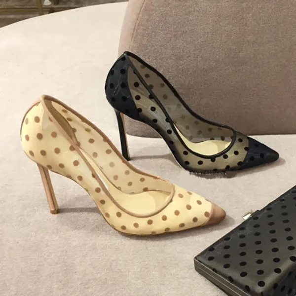 Chic / Beautiful Black Summer Casual Pumps 2018 Leather Spotted 10 cm Stiletto Heels Pointed Toe Pumps