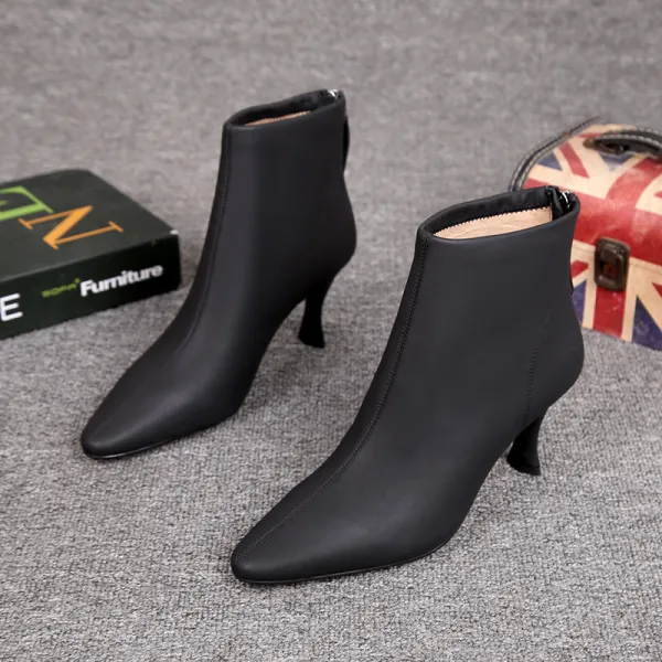 Minimalistische Winter Zwarte Straatkleding Leer Dames Laarzen 2021 7 cm Naaldhakken Stiletto Spitse Neus Enkellaarsjes Enkellaarzen