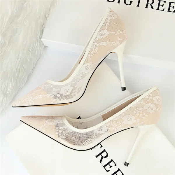 Chic / Beautiful Ivory Wedding Shoes 2018 Lace 10 cm Stiletto Heels Pointed Toe Wedding Pumps