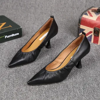 Simple Noire Bureau Ol Cuir Escarpins 2021 7 Cm Talons Aiguilles À Bout Pointu Escarpins