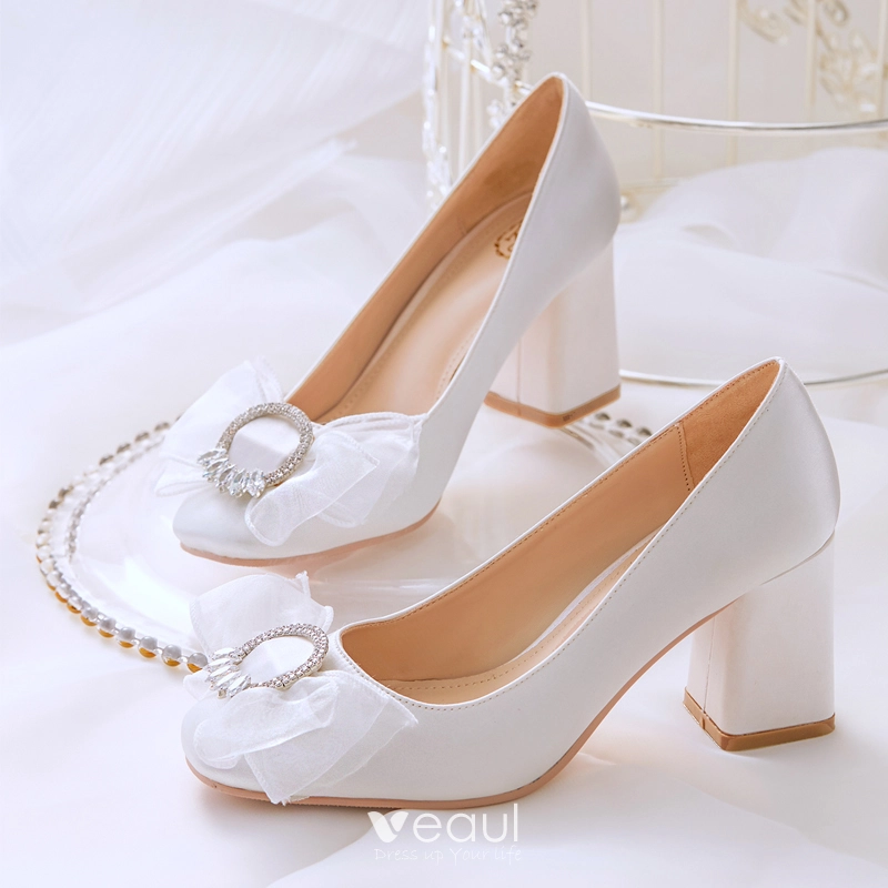 Elegant Ivory Rhinestone Bow Wedding Shoes 2021 Satin 7 cm Elegant Ivory Rhinestone Bow Wedding Shoes 2021 Satin 7 cm