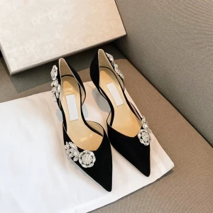 Sexig Svarta Afton Rhinestone Öppen Sida Damskor 2021 Läder 8 Cm Stilettklackar Spetsiga Klackskor