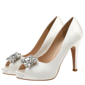 Edles Ivory Creme Satin Strass Brautschuhe 2021 10 Cm Stilettos Peeptoes Hochzeit High Heels